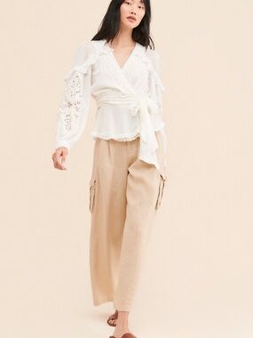 FARM Rio White Embroidered V neck wrap Tie Blouse